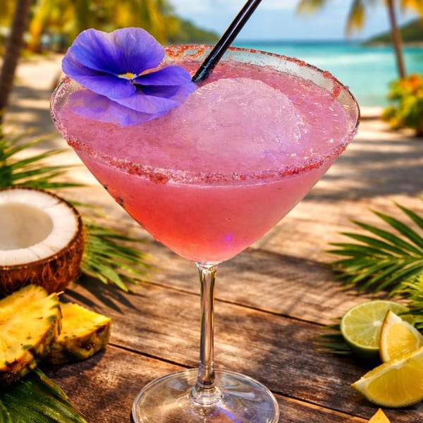 Pink frozen cocktail with a purple flower garnish, coconut, pineapple, and lime on a beach.