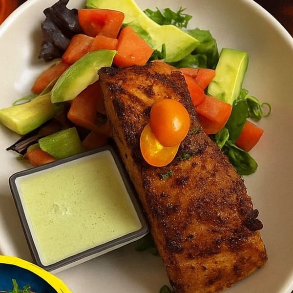 Grilled Jamaican jerk salmon with a side of fresh salad and green dipping sauce.